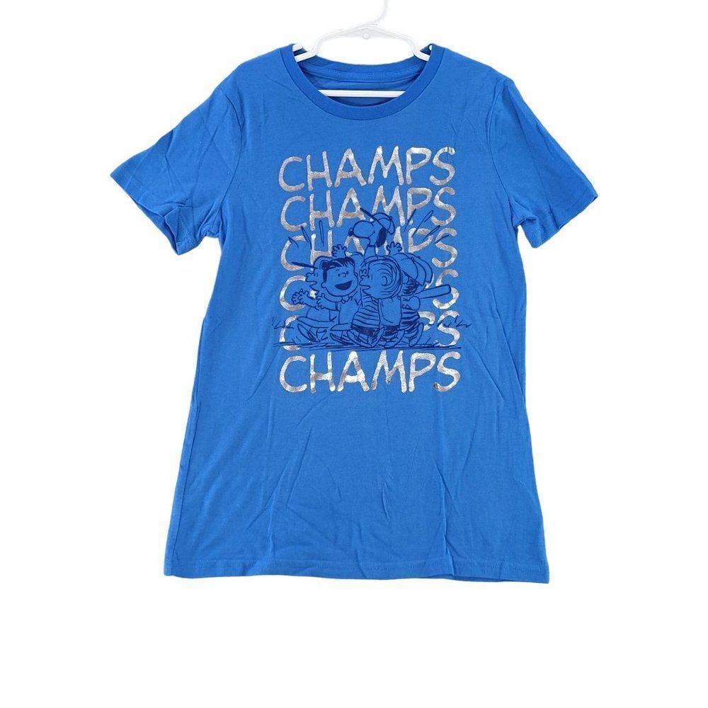 Peanuts Girls Blue Shiny Champs Short Sleeve T-shirt Sz M